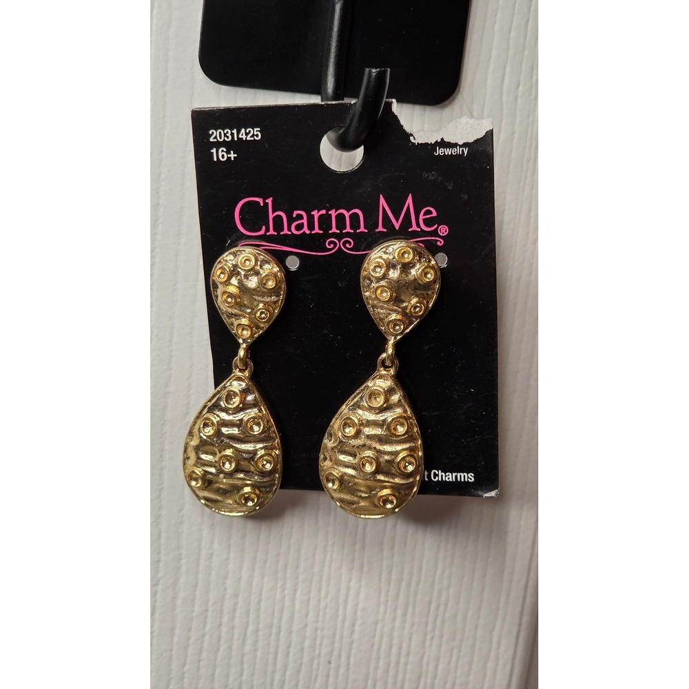 Charm Me Gold Tone Textured Hammered Teardrop Drop Statement Earrings